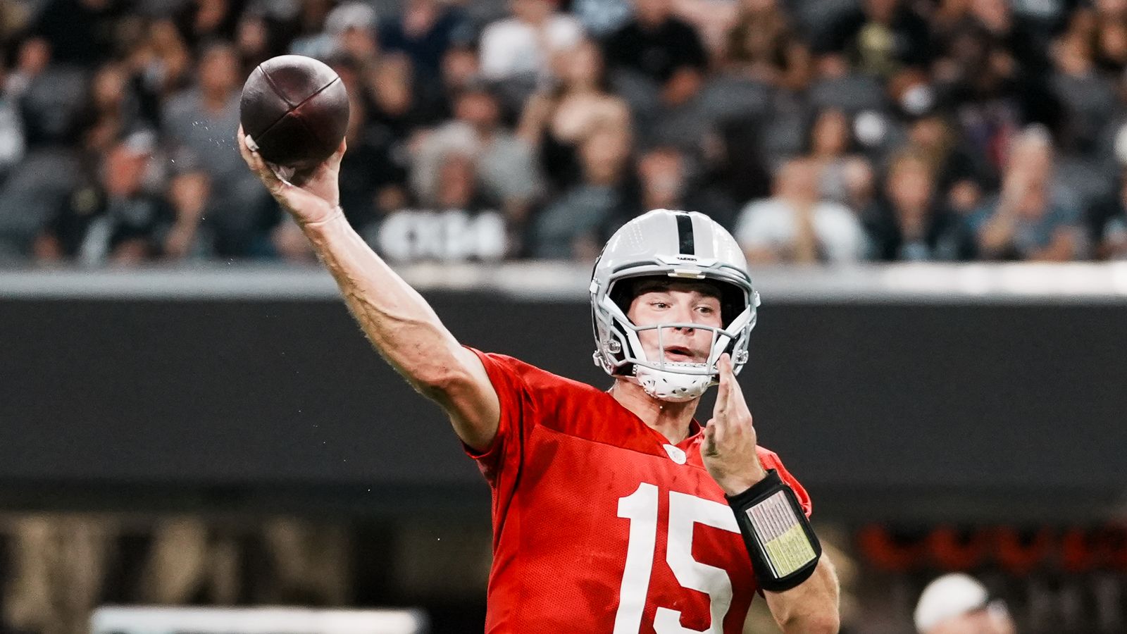 Fernando Mendoza (15) passes the ball during Raiders practice