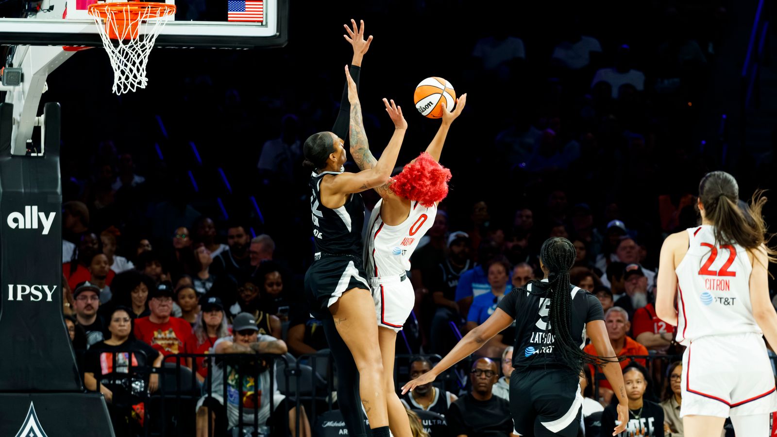 A’ja Wilson blocks a shot in WNBA game against the Mystics