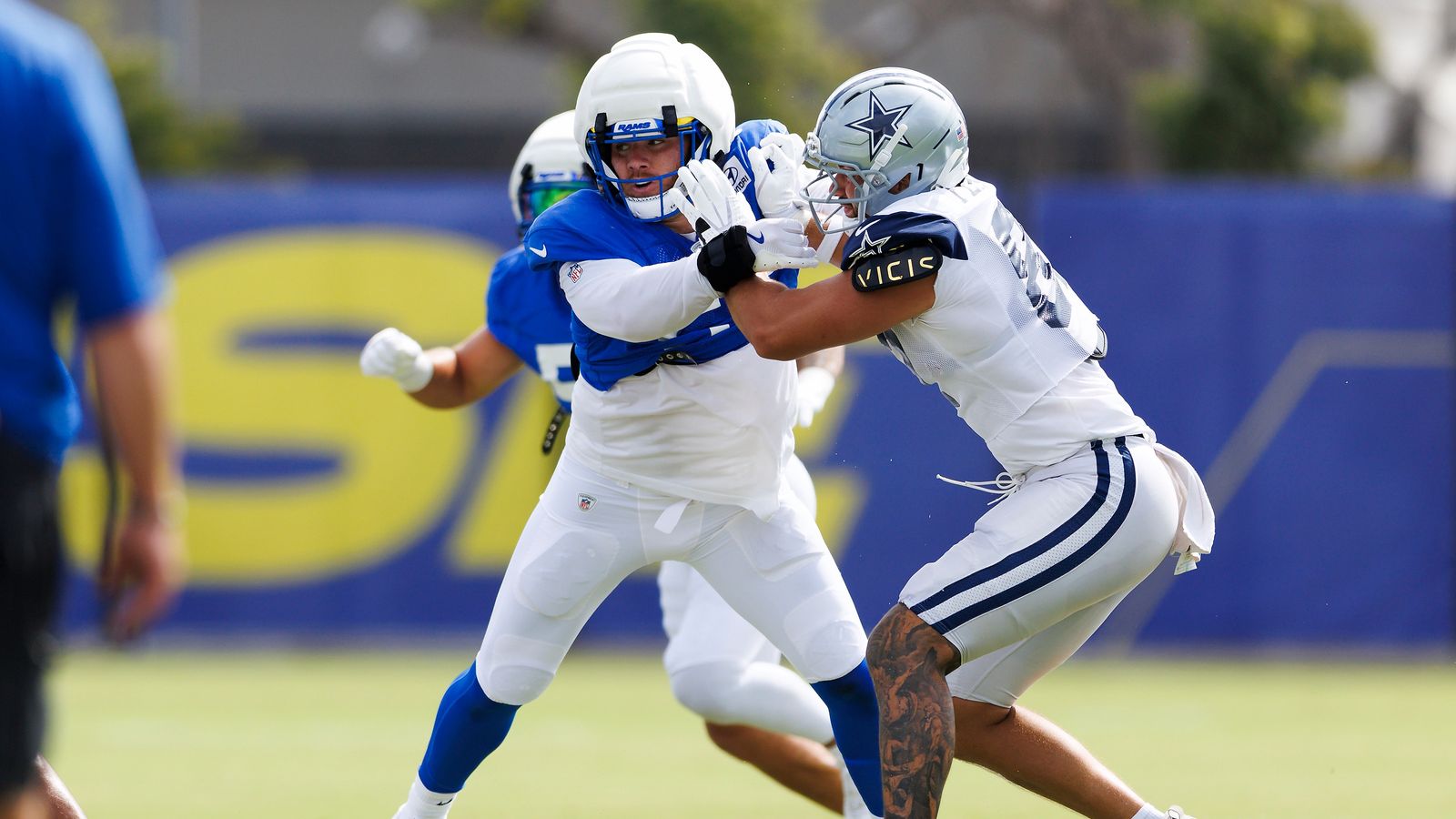 Braden Fiske rushes the edge at Cowboys-Rams joint practice