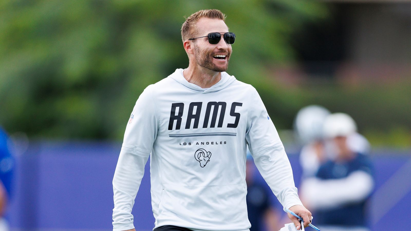 Sean McVay laughs during joint practice at Rams Village
