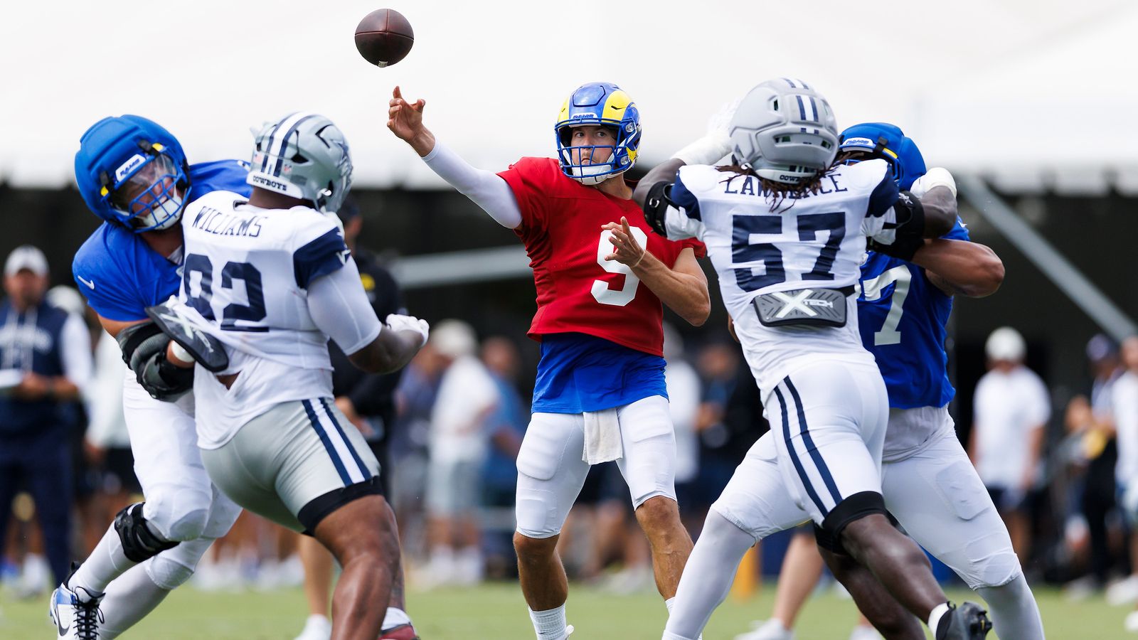 Matthew Stafford in action during Cowboys-Rams joint practice