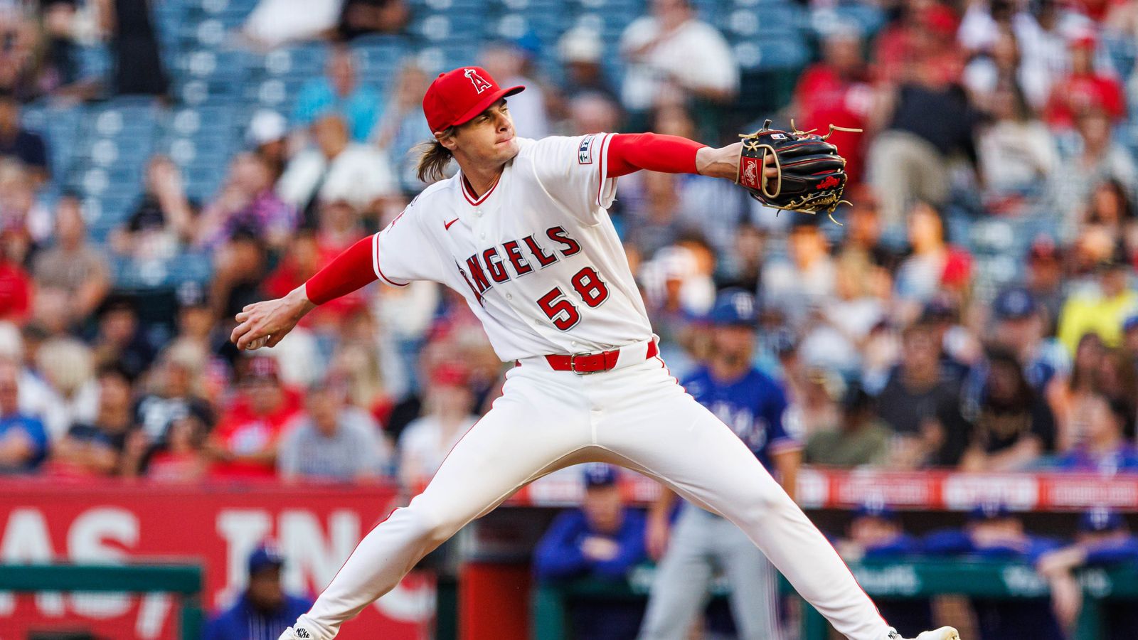 George Klassen pitches against the Rangers at Angel Stadium