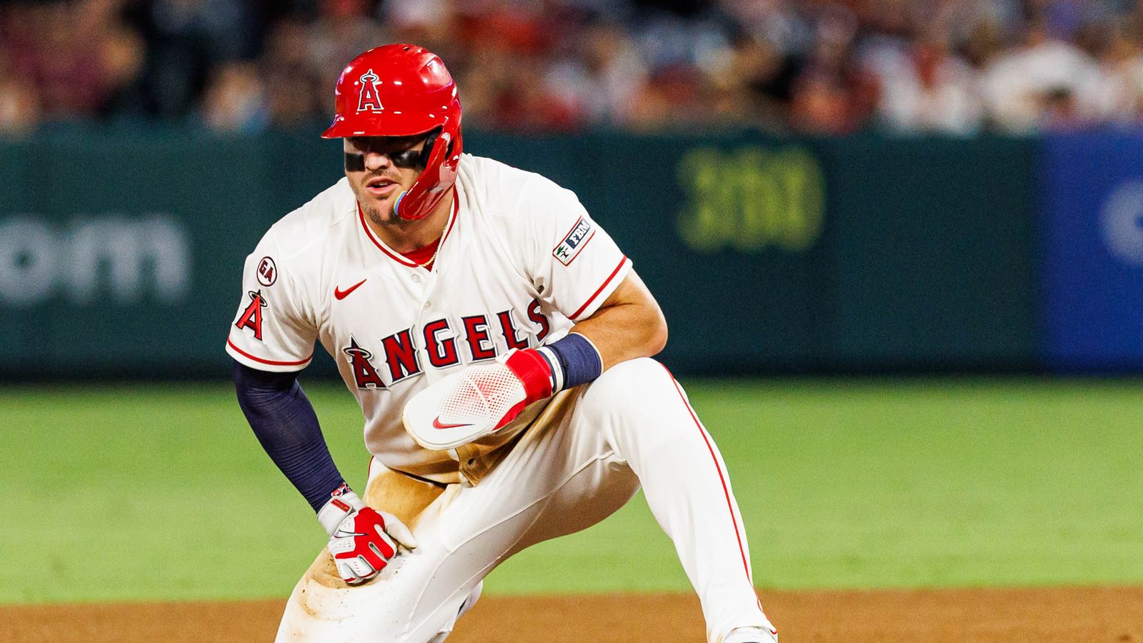 Mike Trout steals second base against the Rangers
