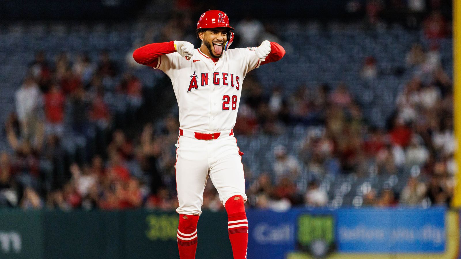 Jose Siri celebrates an RBI double at Angel Stadium