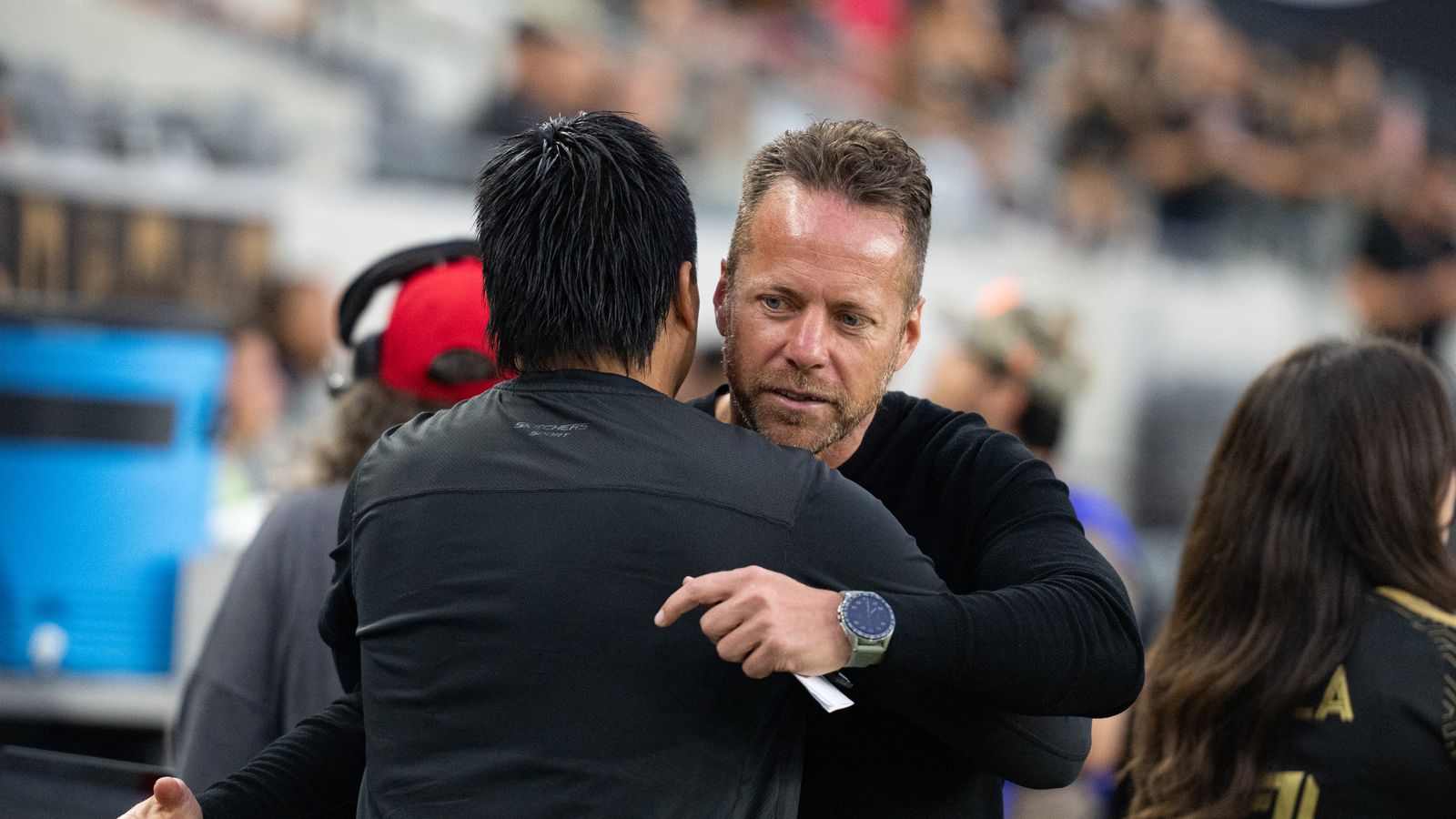 LAFC Coach Marc Dos Santos greets Queretaro Coach before the match
