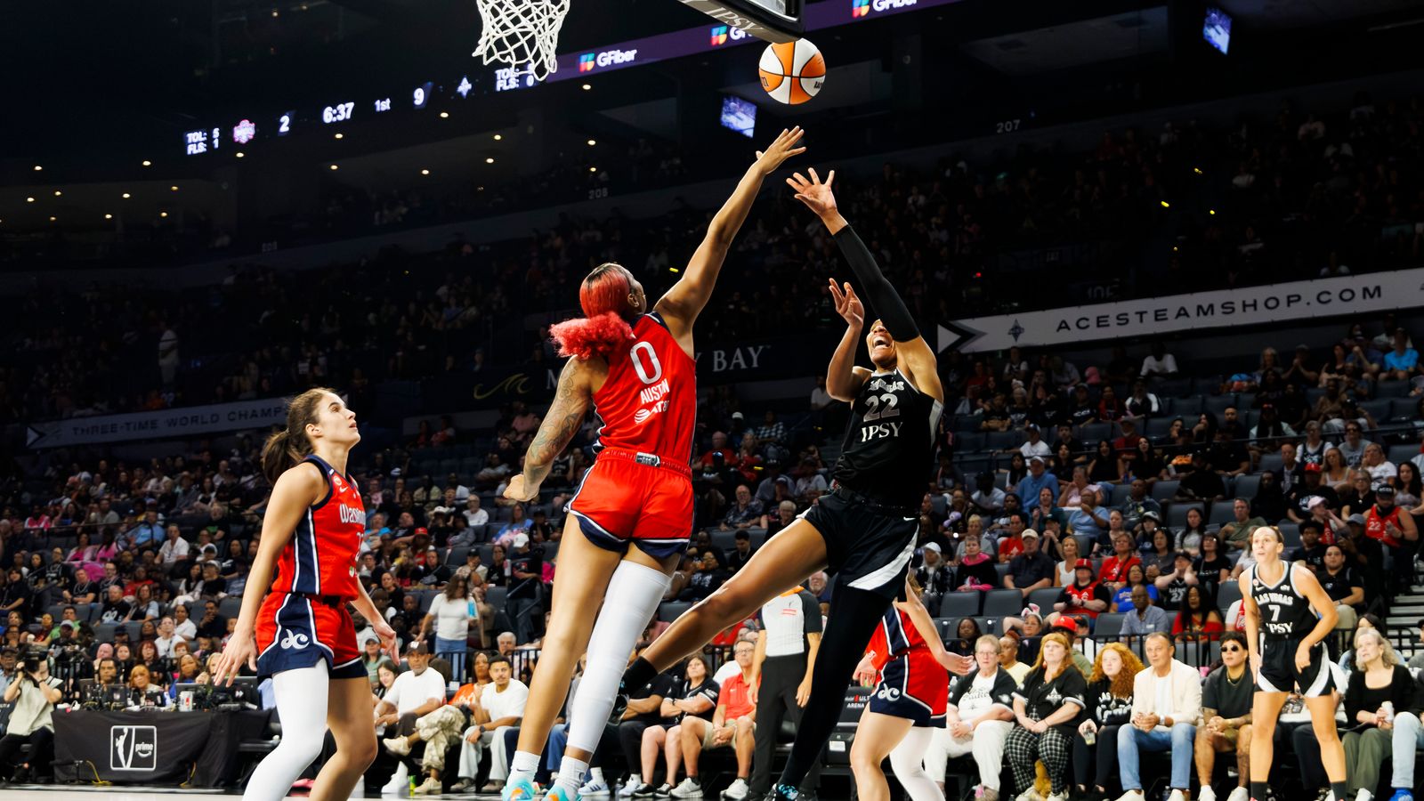 A'ja Wilson shoots in the paint against the Mystics at Michelob ULTRA Arena