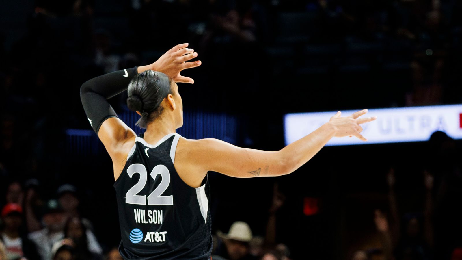 A'ja Wilson celebrates a three-pointer at Michelob ULTRA Arena