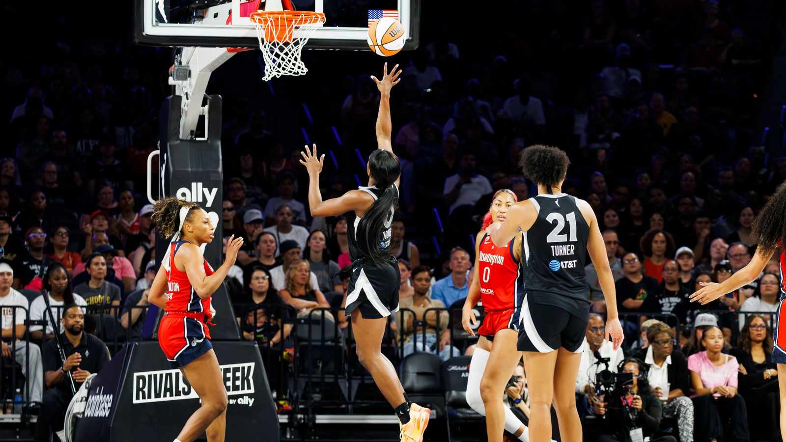 Jackie Young executes a layup during the WNBA game
