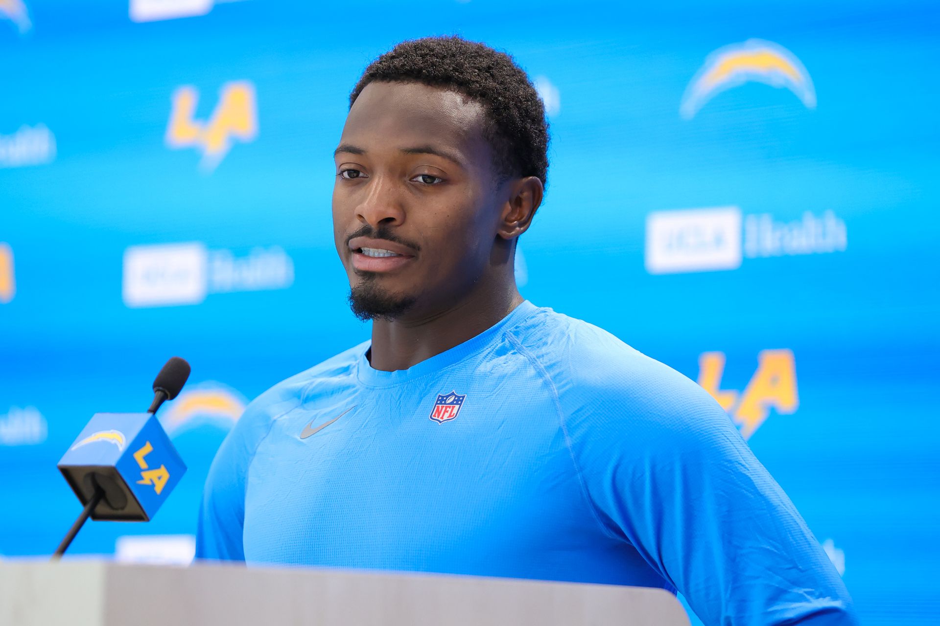 Kimani Vidal #28 Talks to Media at Chargers Camp
