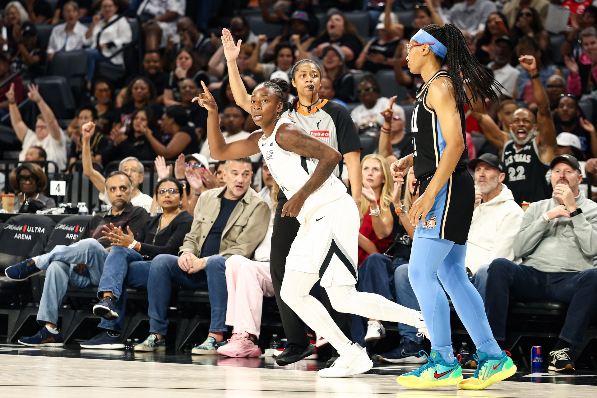 Jewell Loyd celebrates a three-pointer against the Dream