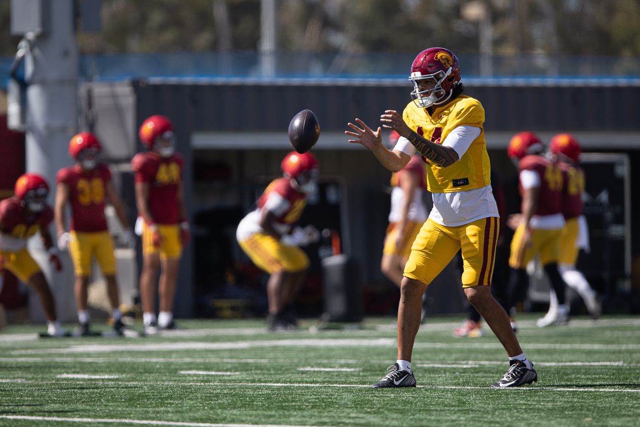 Jayden Maiava (14) Takes a Snap at USC Practice, Los Angeles
