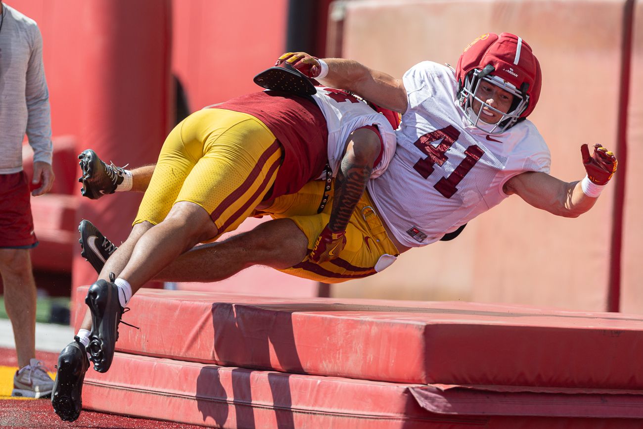 Ryan O'Connell (41) Engages in a Drill at USC Practice