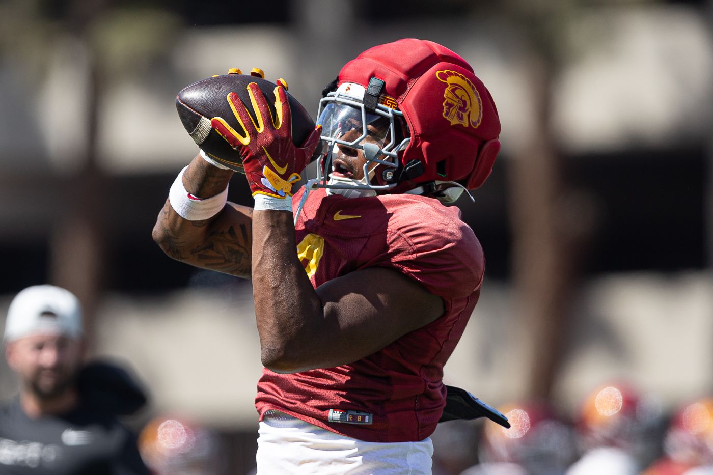 King Miller (8) Catches a Pass at USC Practice