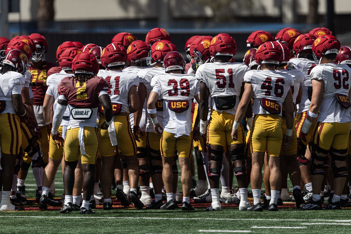 USC Football Team Huddle During Practice Session