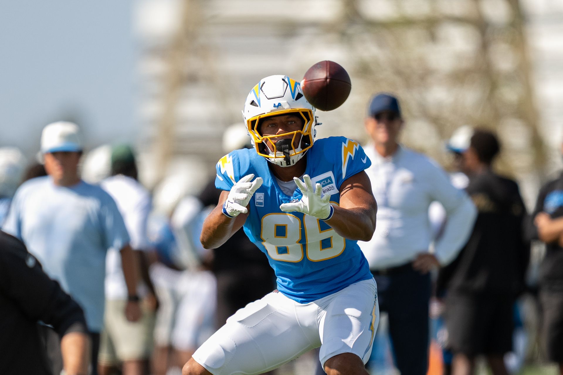 Oronde Gadsen Jr. catches a pass at joint training camp