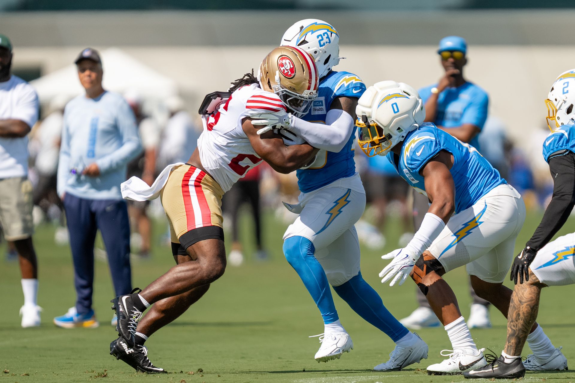 Kaelon Black trucks Tony Jefferson at joint training session