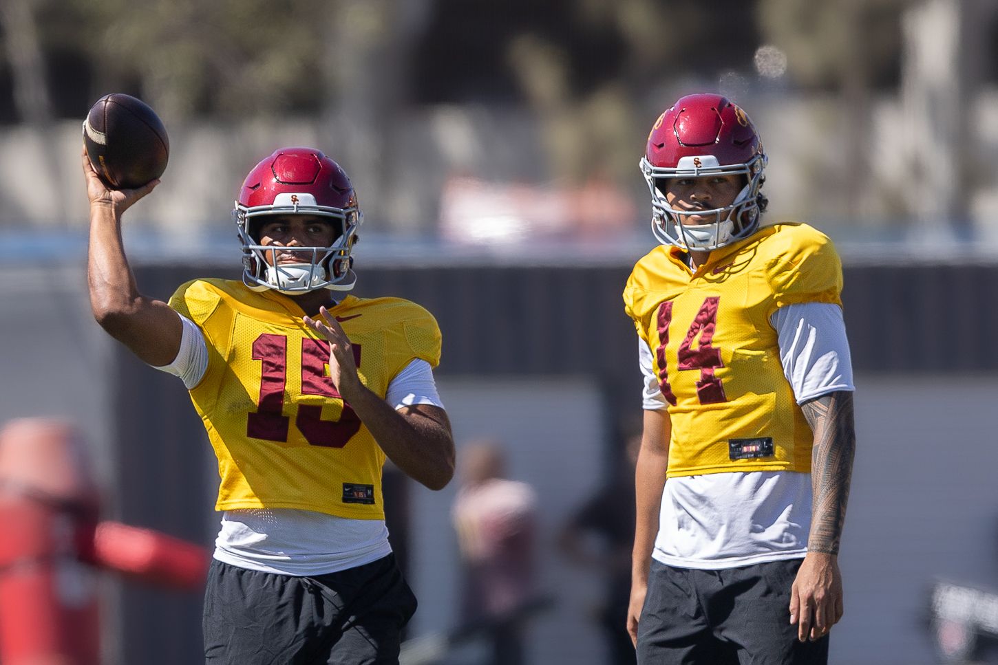 USC QBs Maiava and Williams practice passes, Aug 19, 2026
