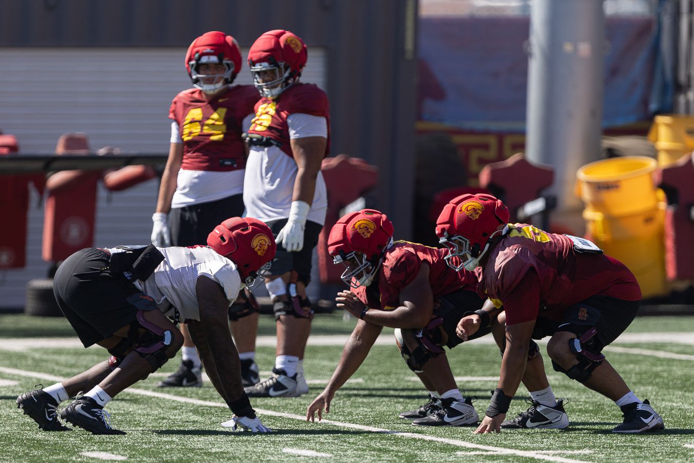 USC linemen in drills at Howard Jones Field