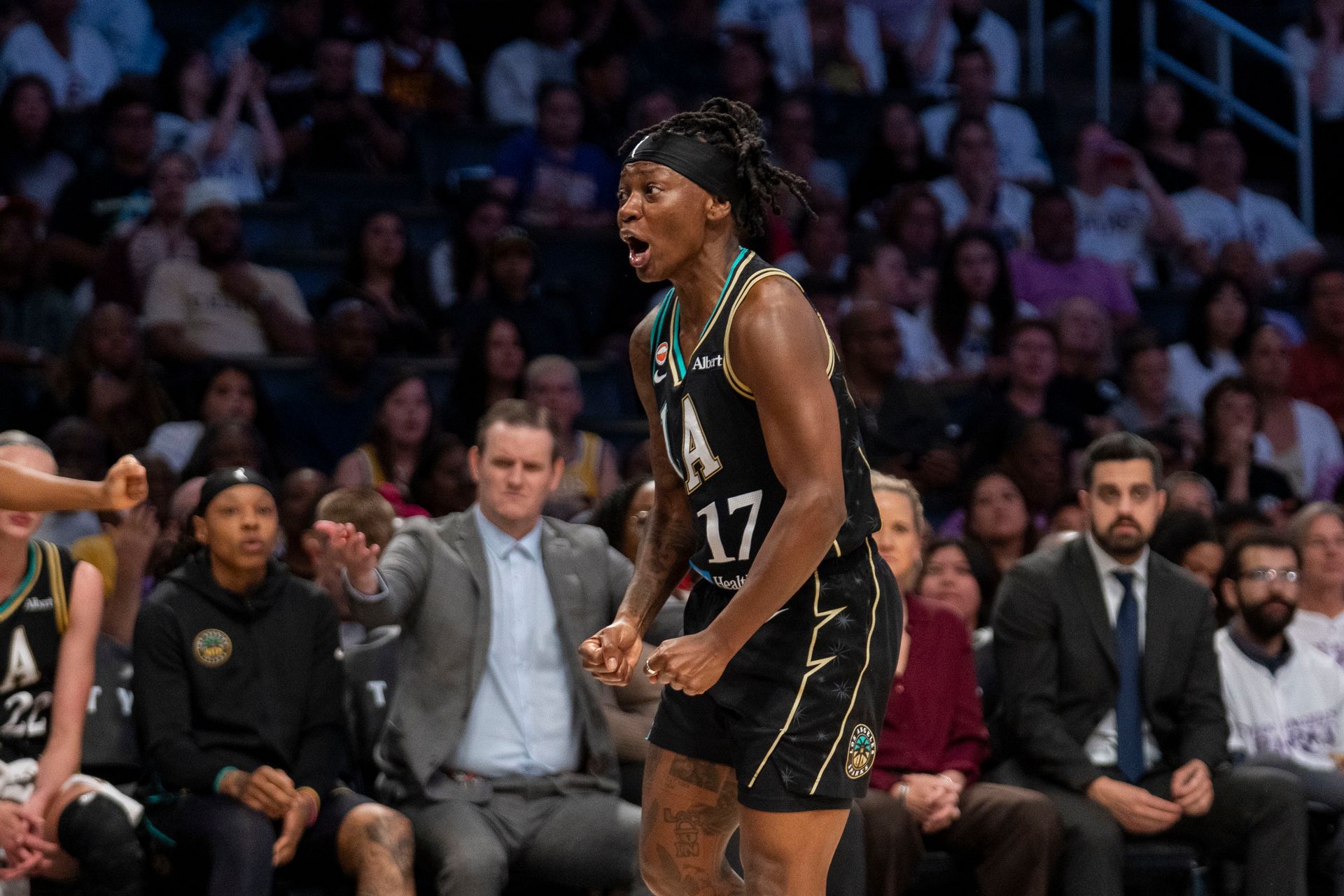 Erica Wheeler disputes a foul call in a heated exchange.
