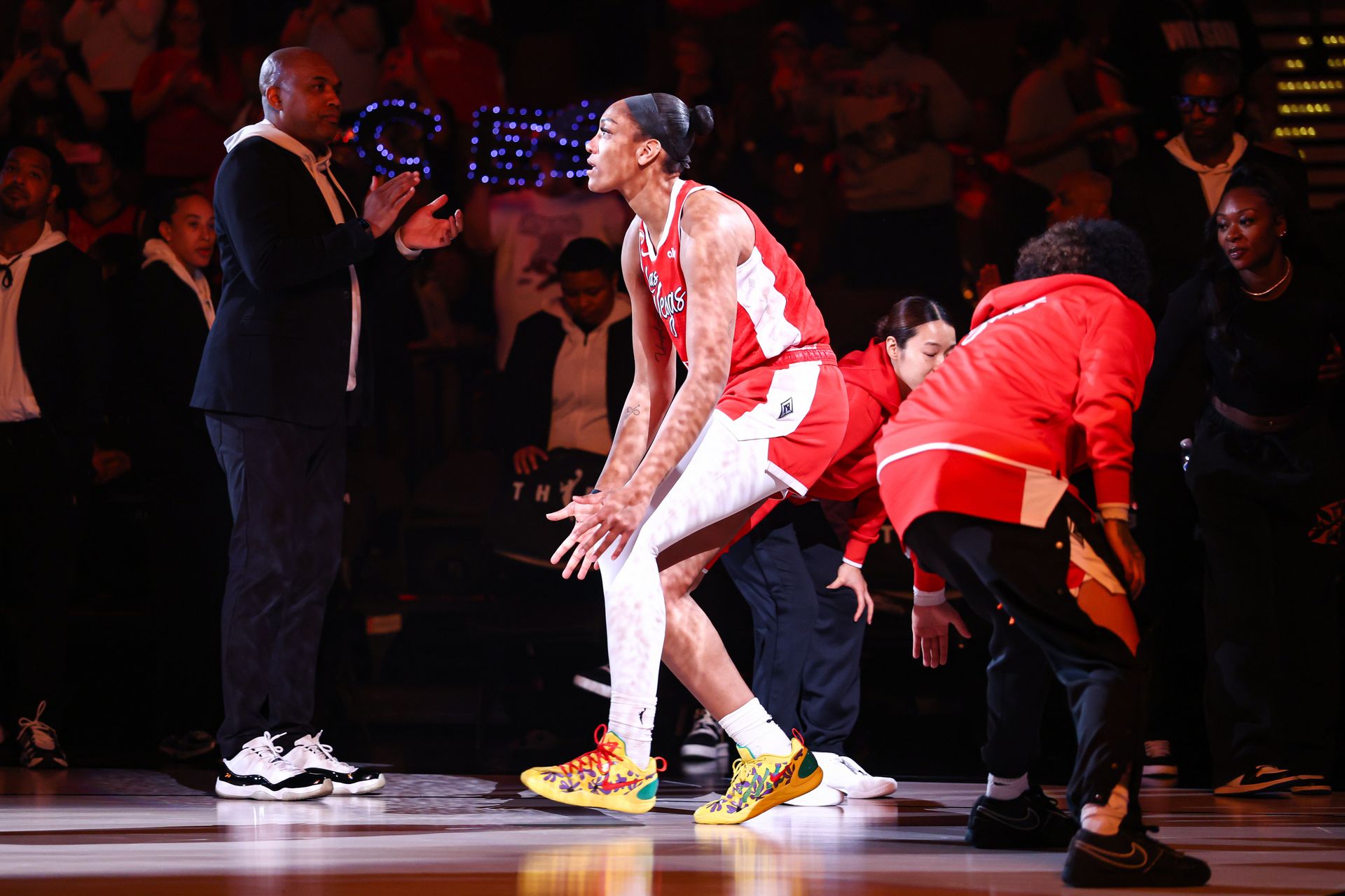 A'ja Wilson enters the court for WNBA game against the Sun