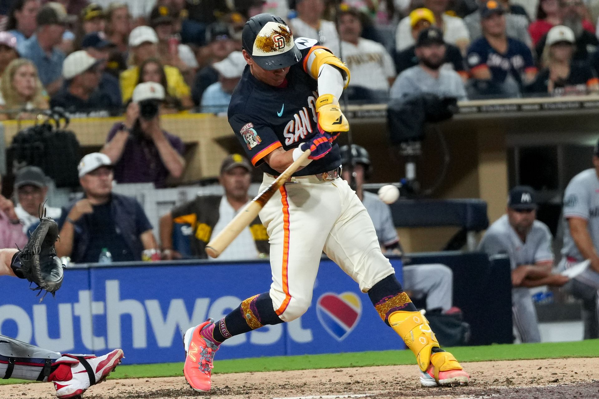Freddy Fermin hits the ball in MLB game against Twins