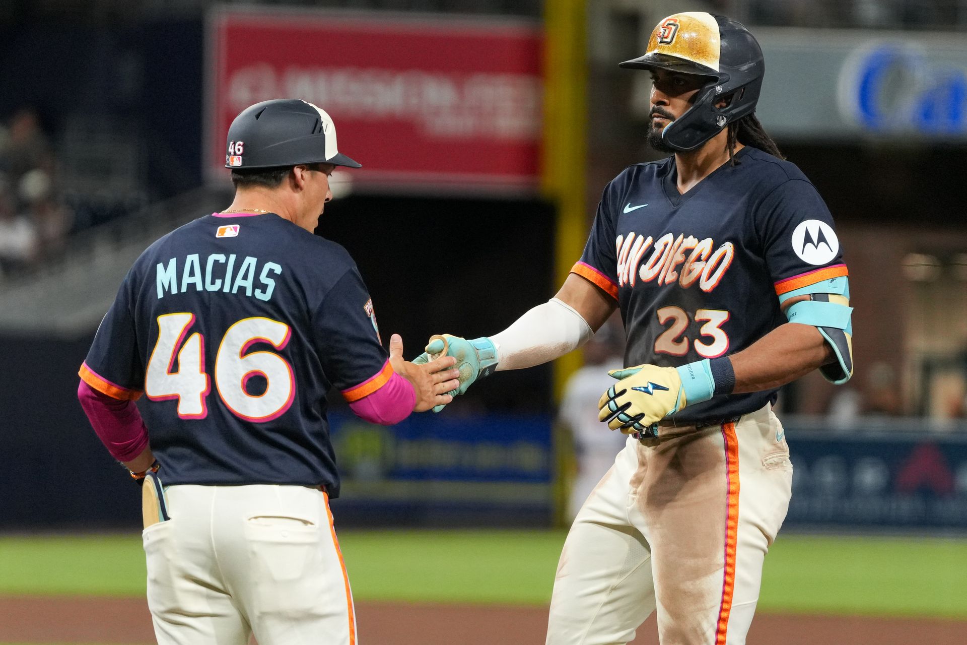Fernando Tatis Jr. celebrates a hit against the Twins