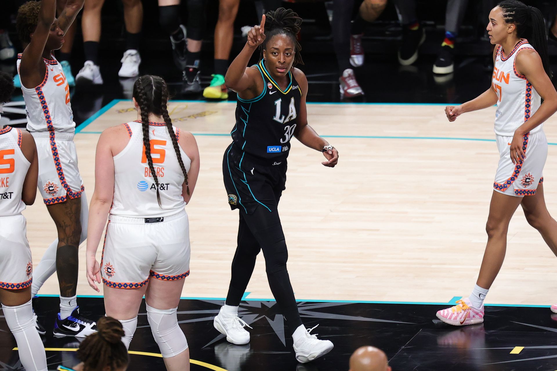 Nneka Ogwumike reacts to a foul call in the game