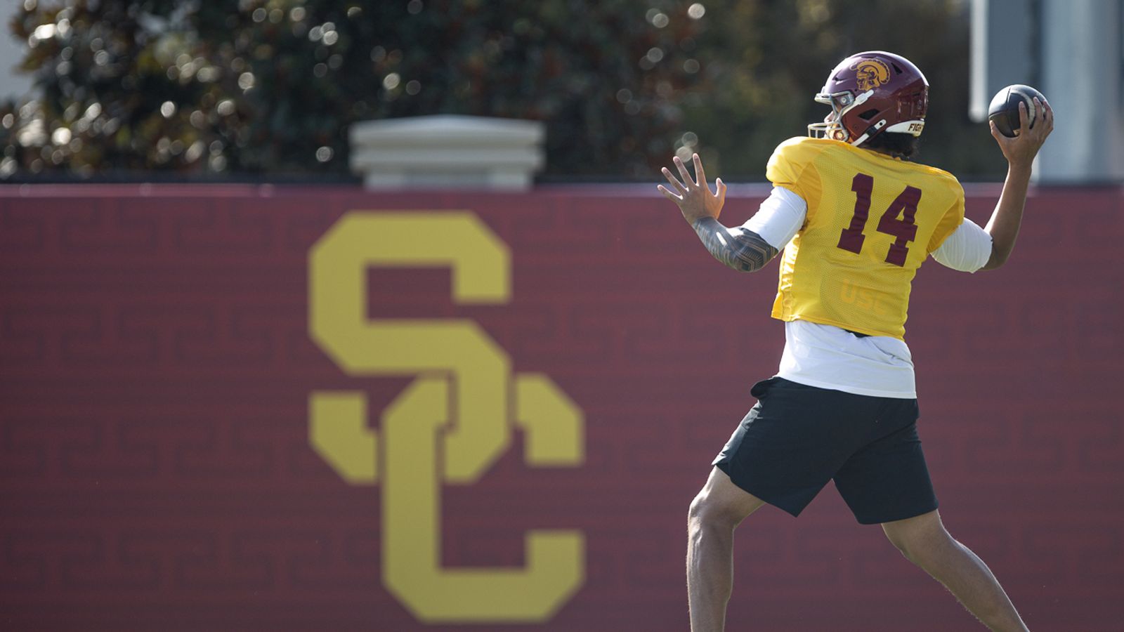 Jayden Maiava (14) Throws During USC Practice