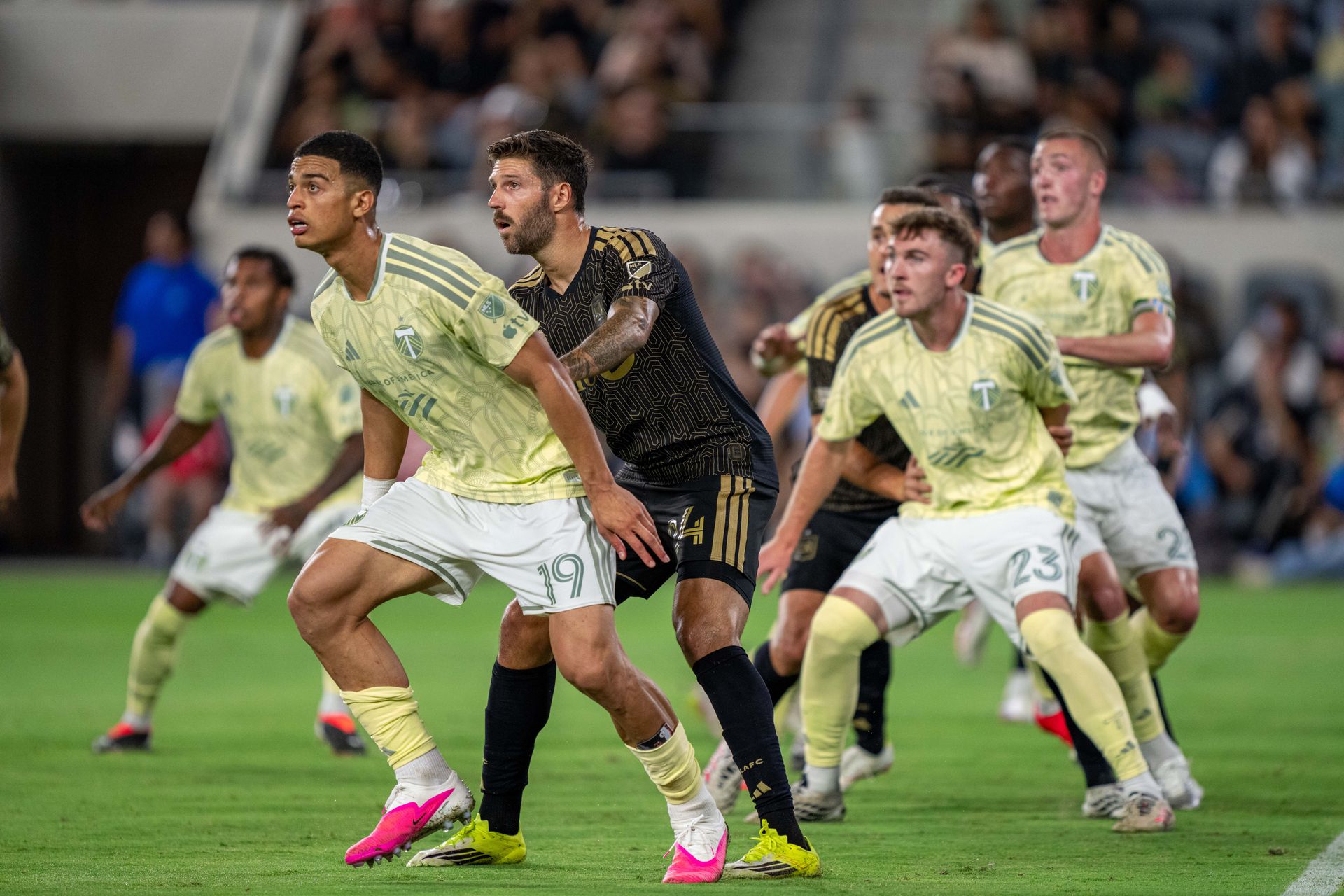 Timbers form a line to block a penalty kick