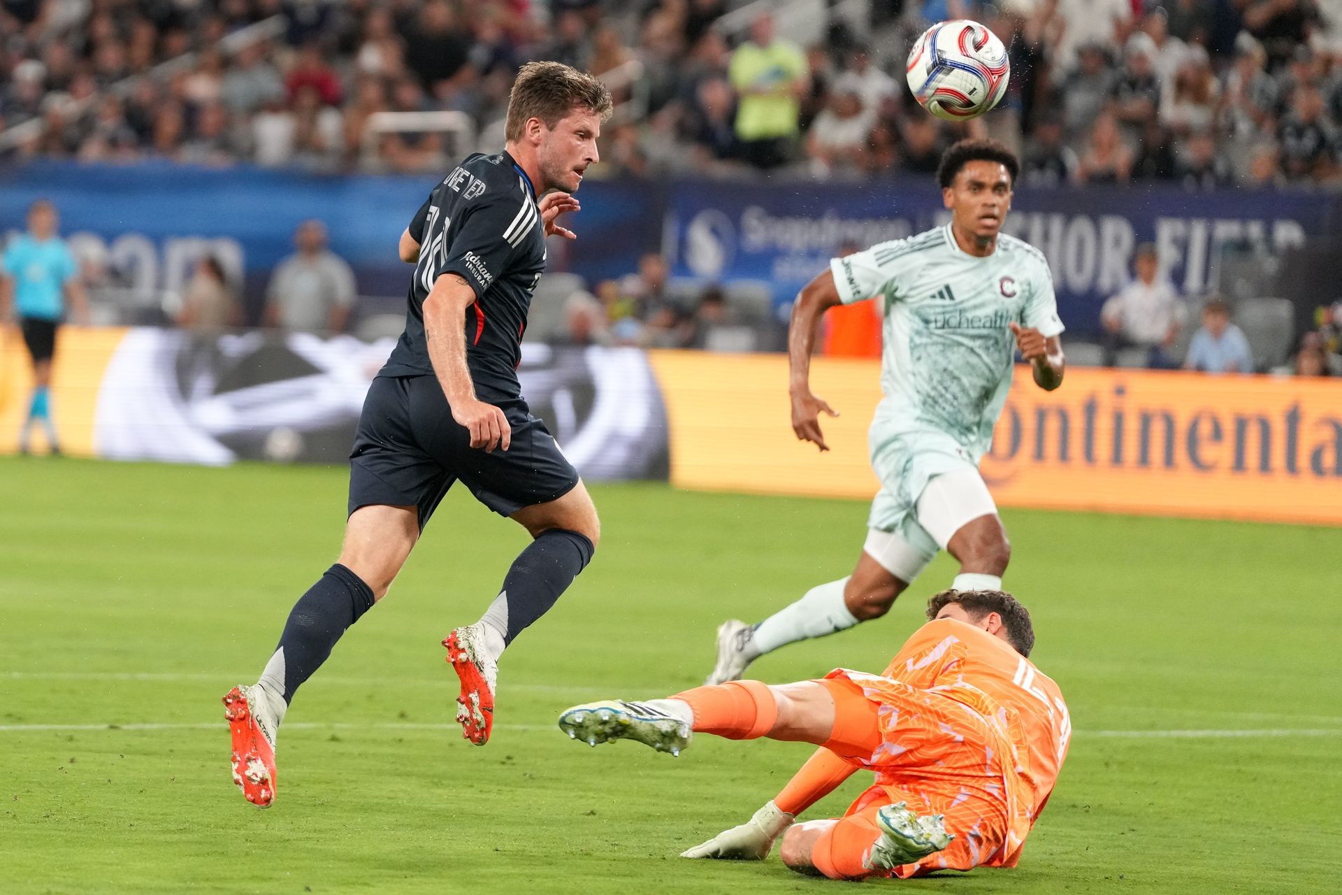 Anders Dreyer takes a shot in MLS match against Colorado Rapids