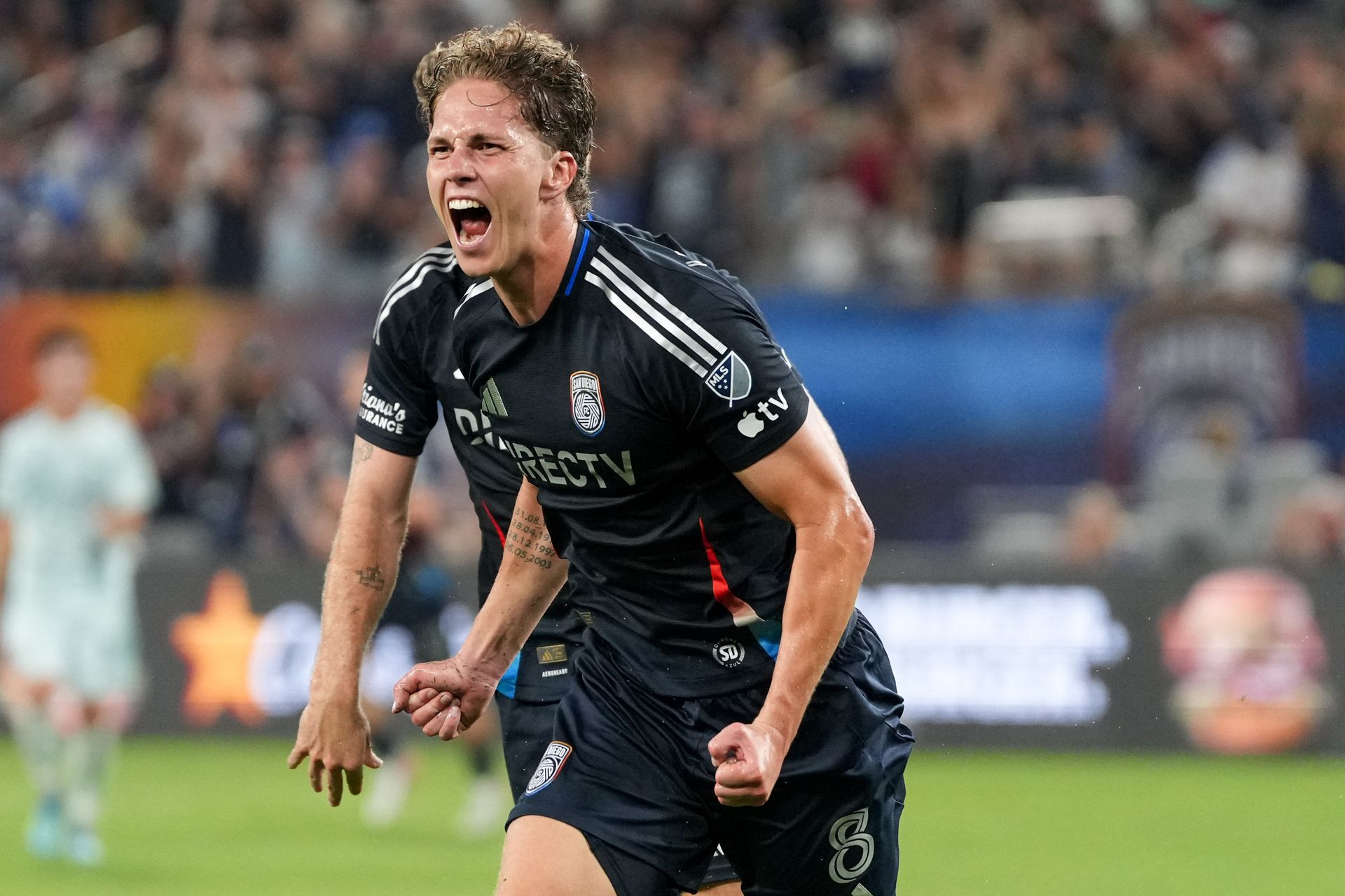 Onni Valakari celebrates scoring in MLS match