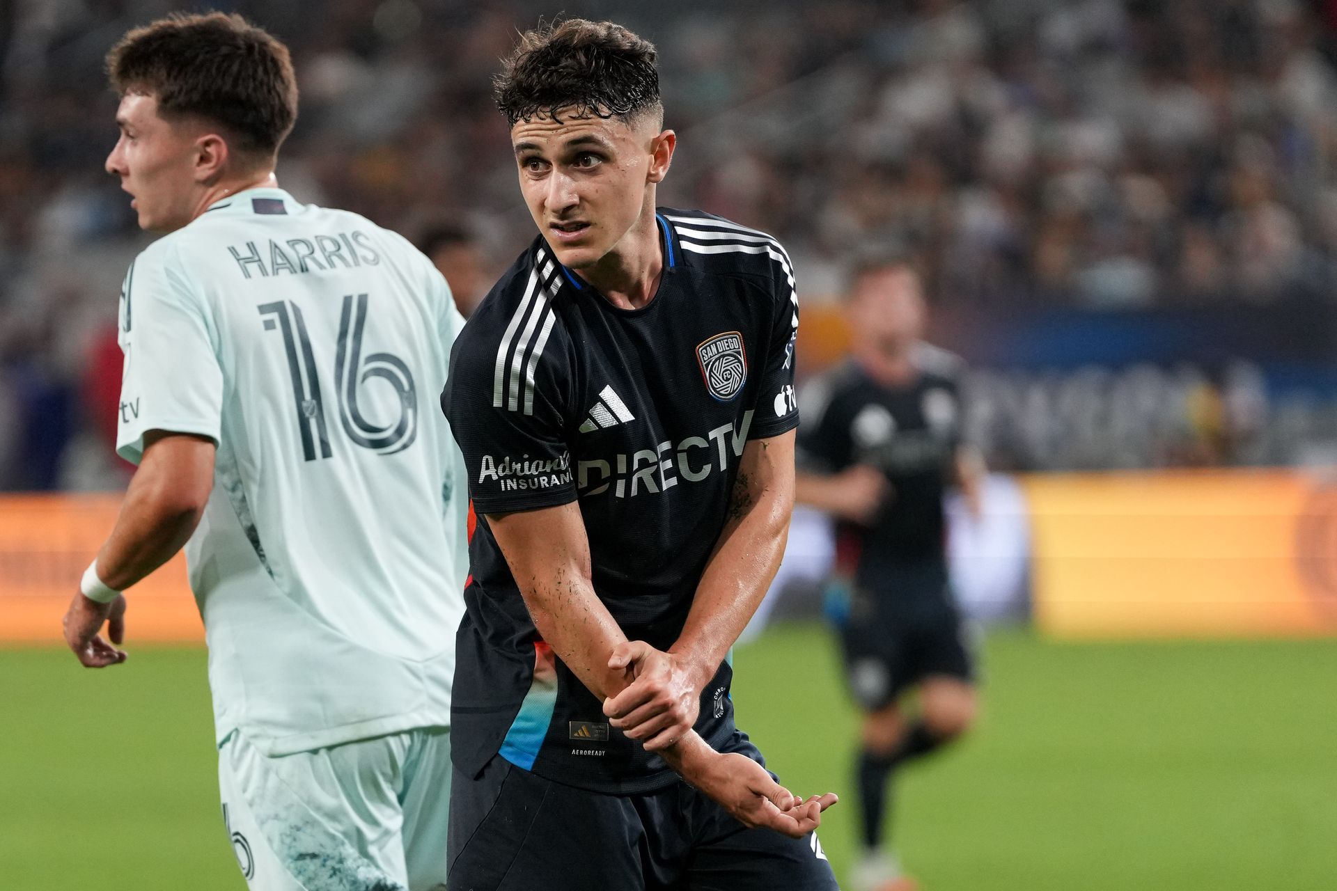 Luca Bombino in pain after an injury in MLS match