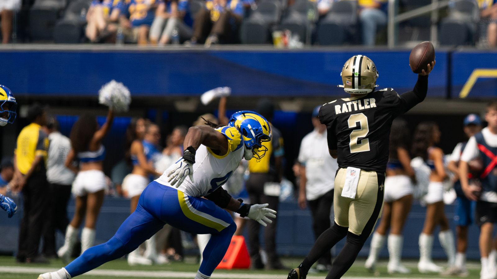 Spencer Rattler passes the ball during the Rams-Saints preseason game.
