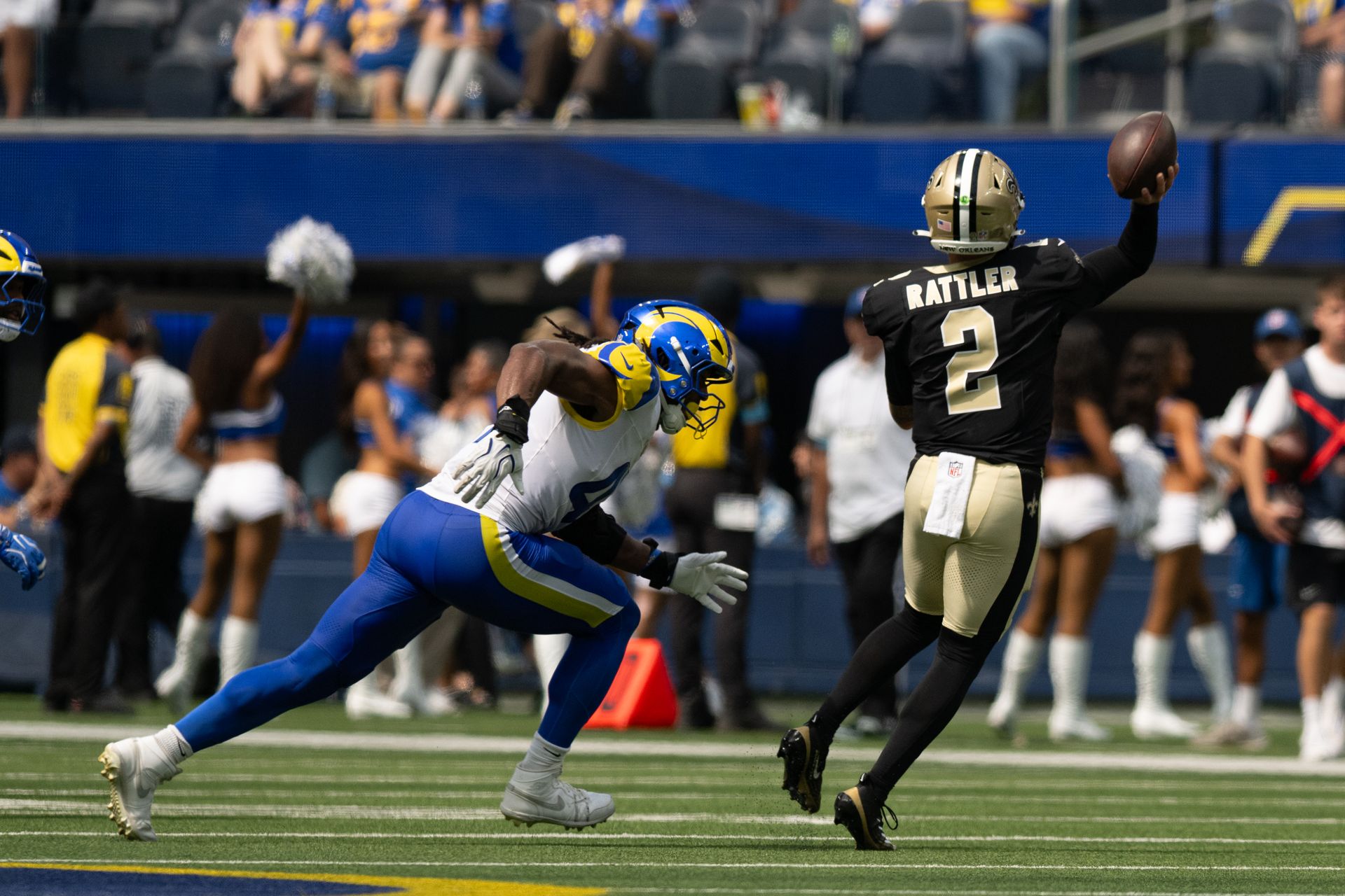 Saints QB Spencer Rattler passes during preseason game against Rams
