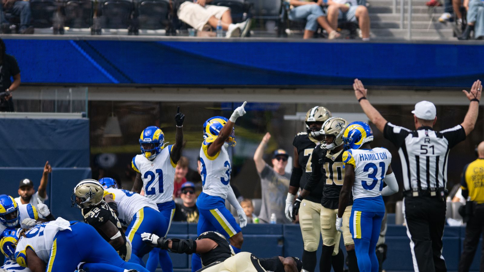 Saints fumble near the end zone in preseason game versus Rams.