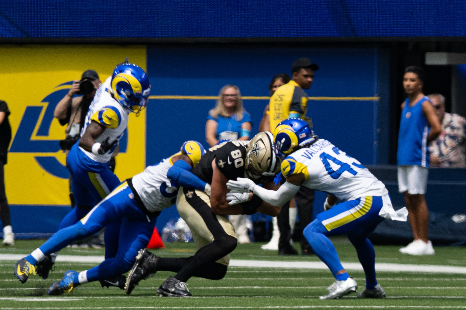 Saints' Moliki Matavao tackled in preseason game against Rams