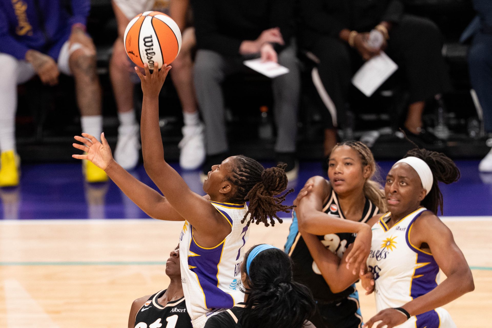Ariel Atkins takes a shot in WNBA game vs Atlanta Dream