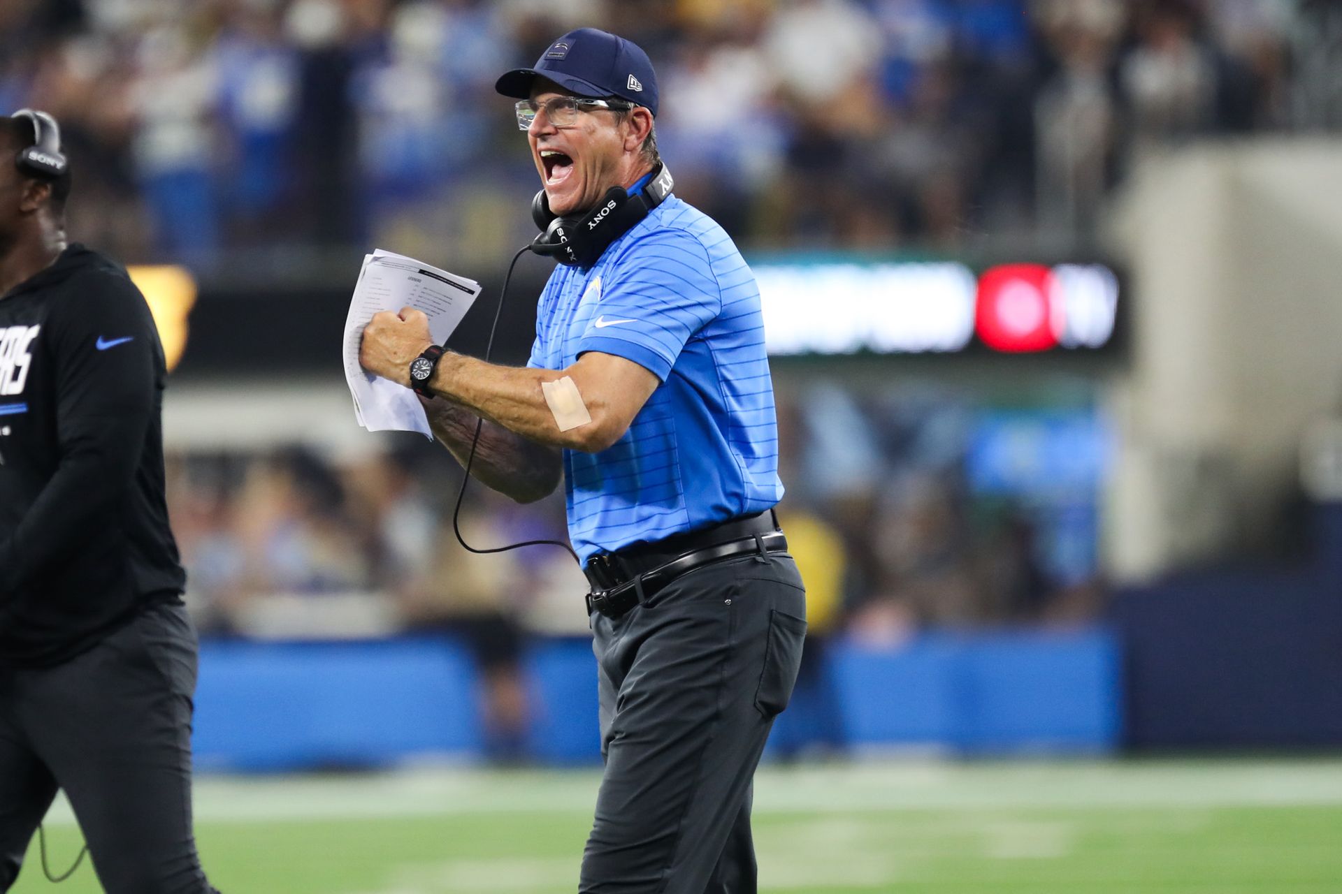 Jim Harbaugh reacts during a defensive play.