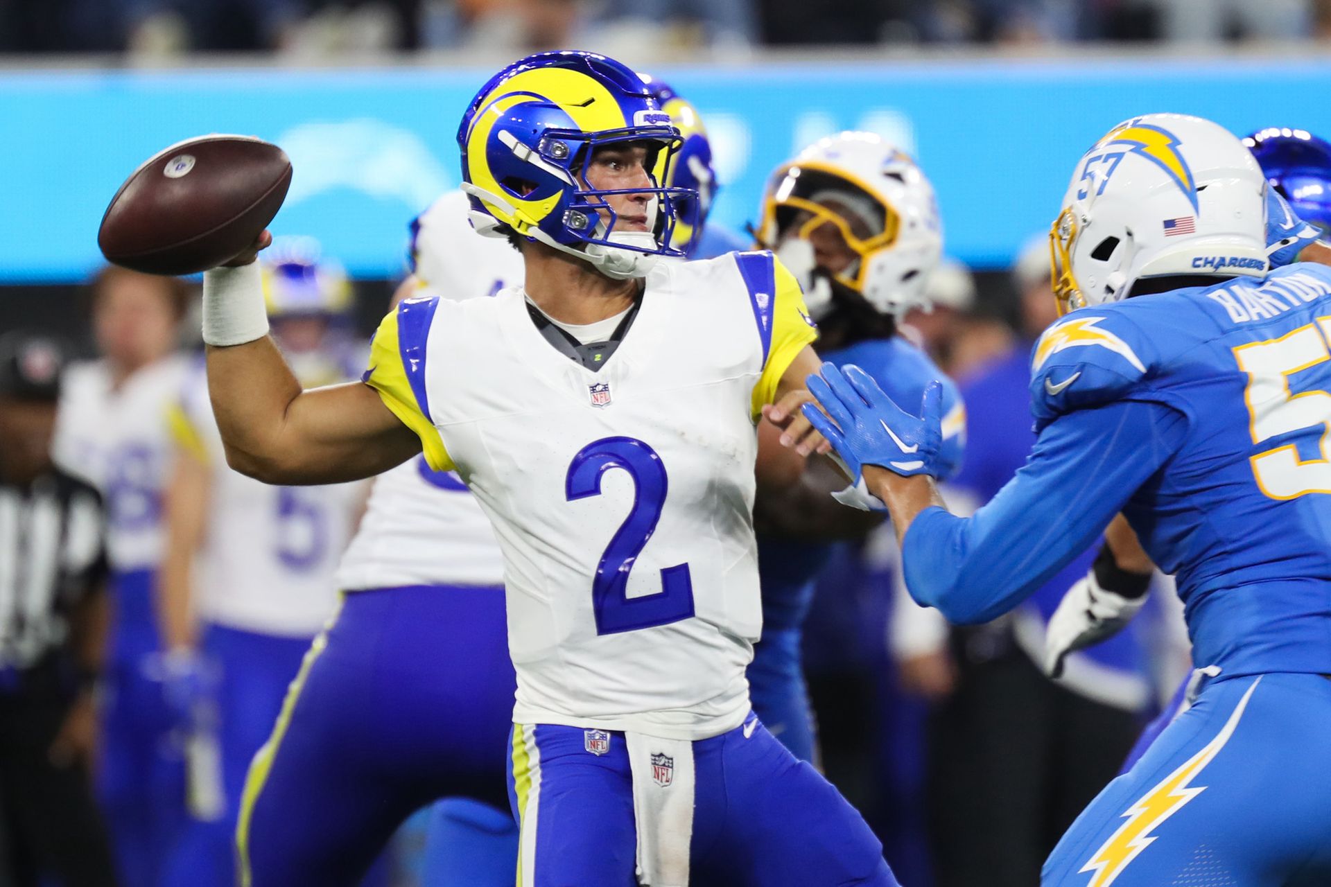 Matthew Caldwell throws a pass against the Chargers.