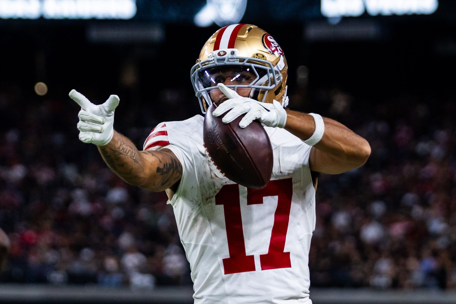 Jordan Watkins celebrates a first down for the 49ers