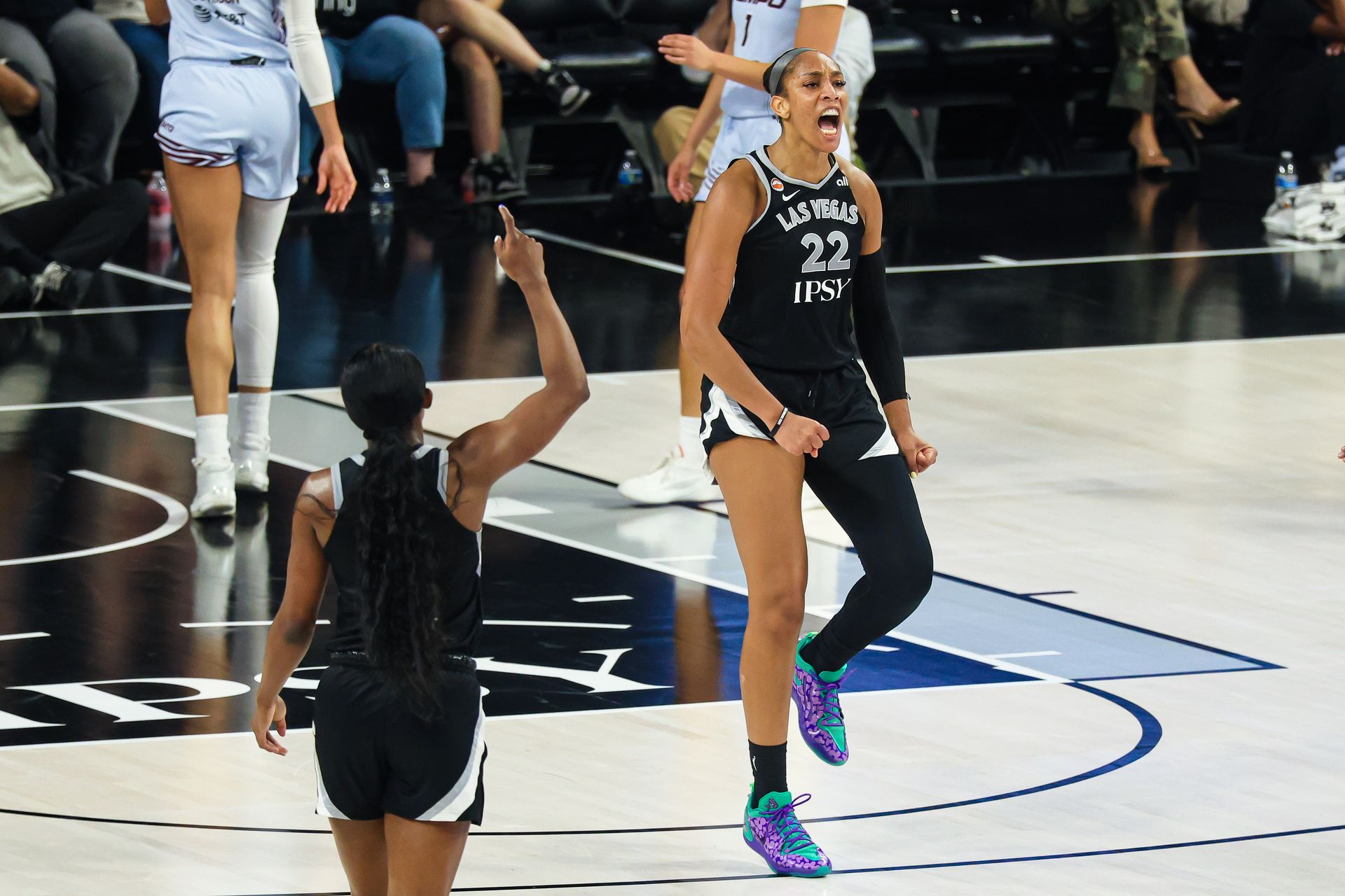 A'ja Wilson reacts to a foul in the game against Toronto Tempo.