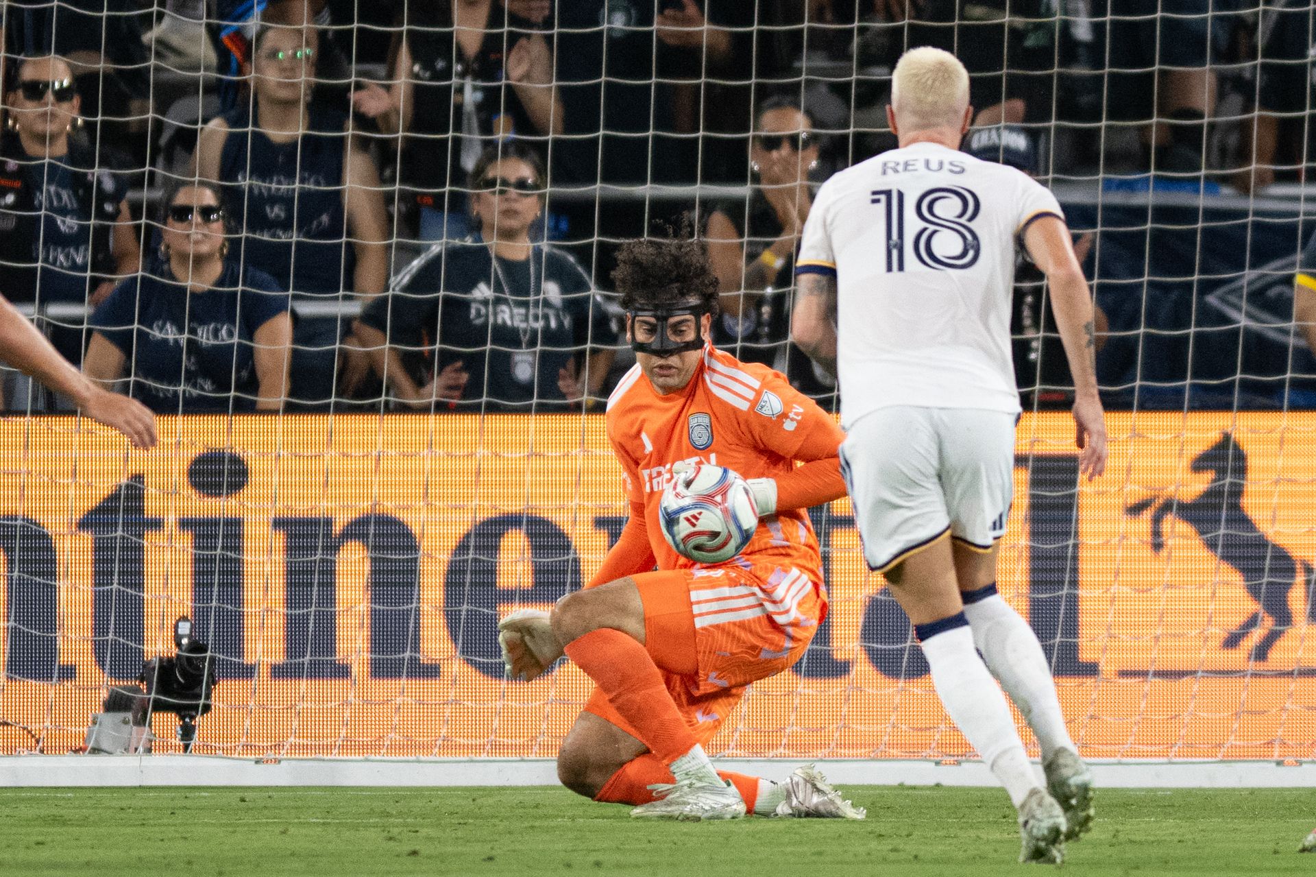CJ dos Santos stops a shot in the MLS match