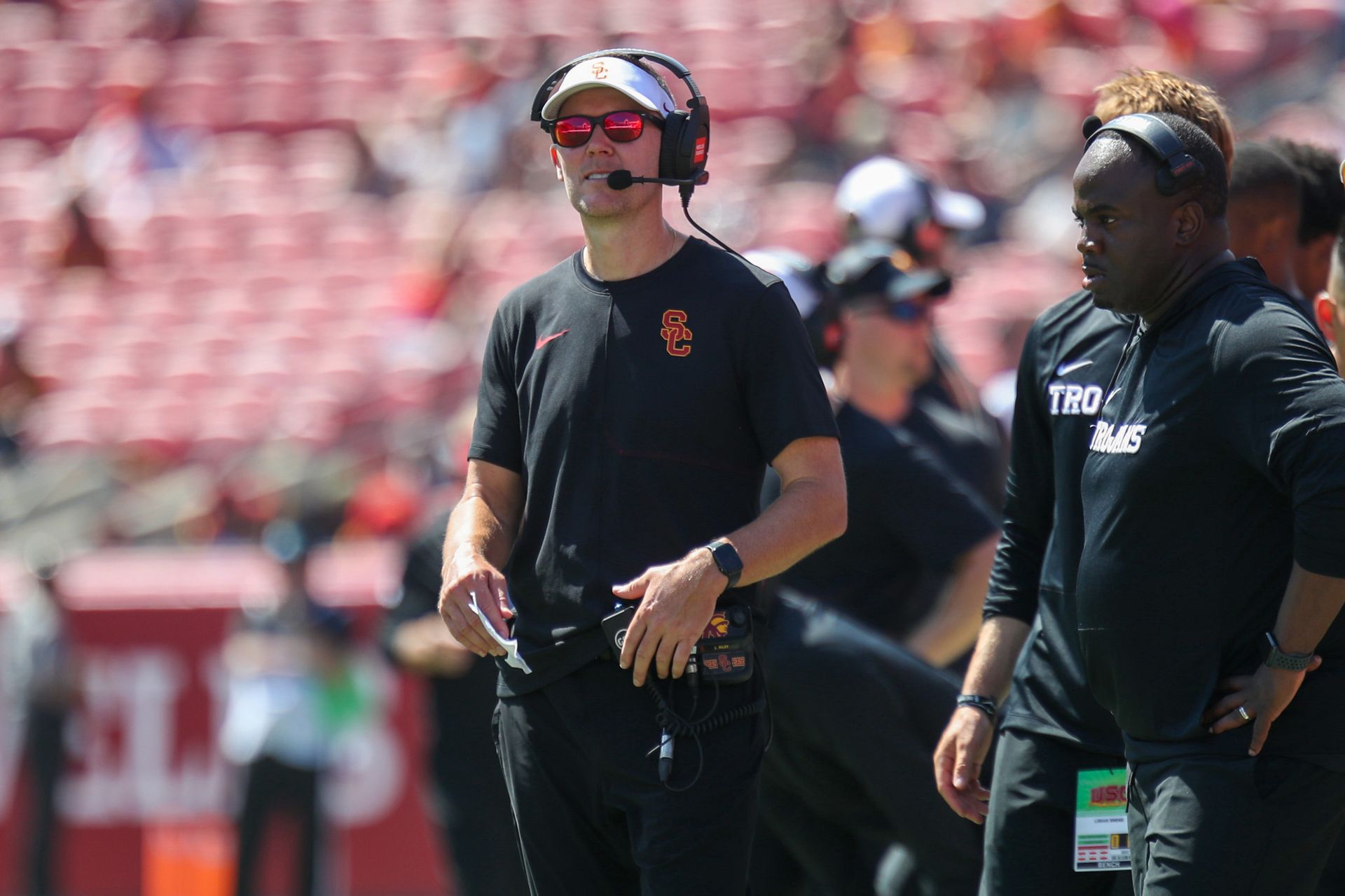 USC Coach Lincoln Riley observes the game against San Jose State