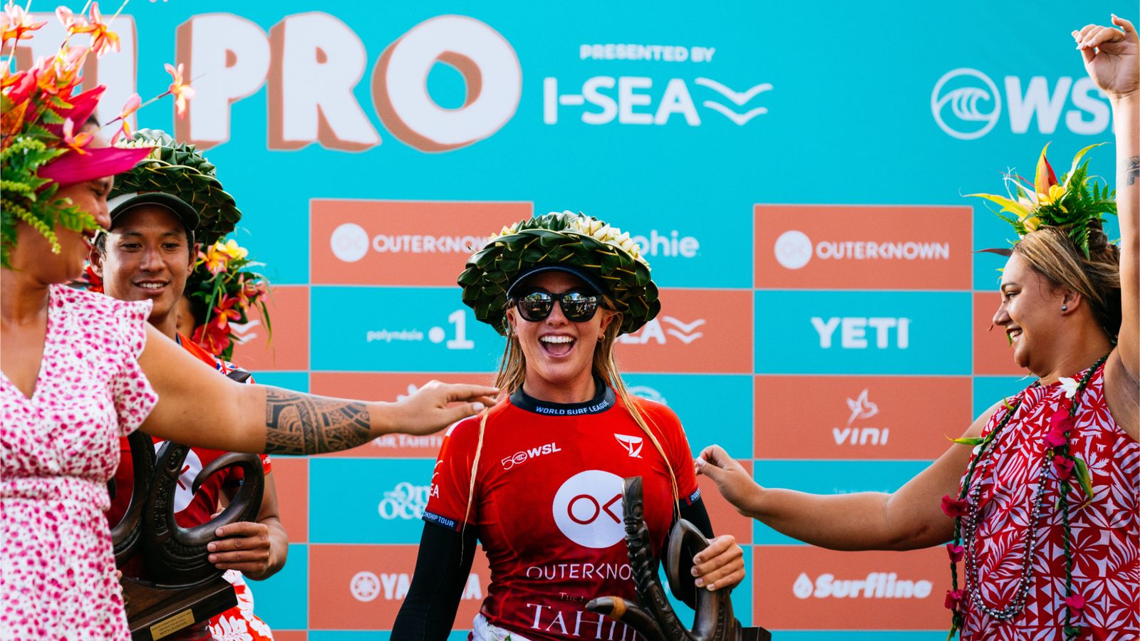 Erin Brooks of Canada after winning the Outerknown Tahiti Pro on August 13, 2026.