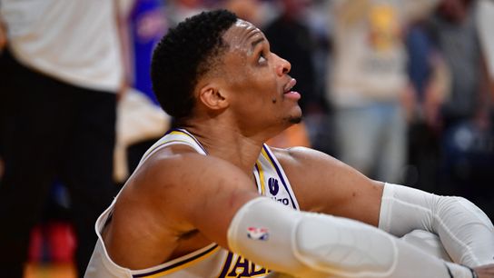 Russell Westbrook reacts after a game at Crypto.com Arena.