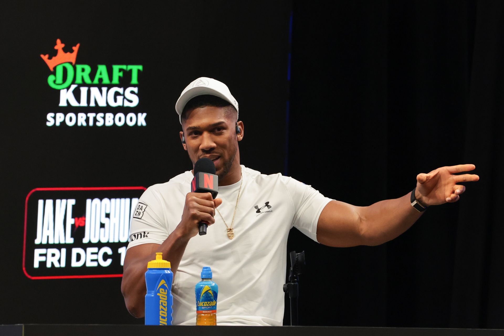 Anthony Joshua at press conference before fighting Jake Paul, Miami