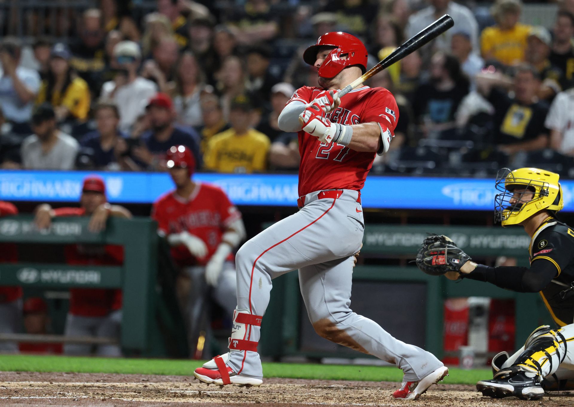Mike Trout hits an RBI single during the seventh inning at PNC Park.