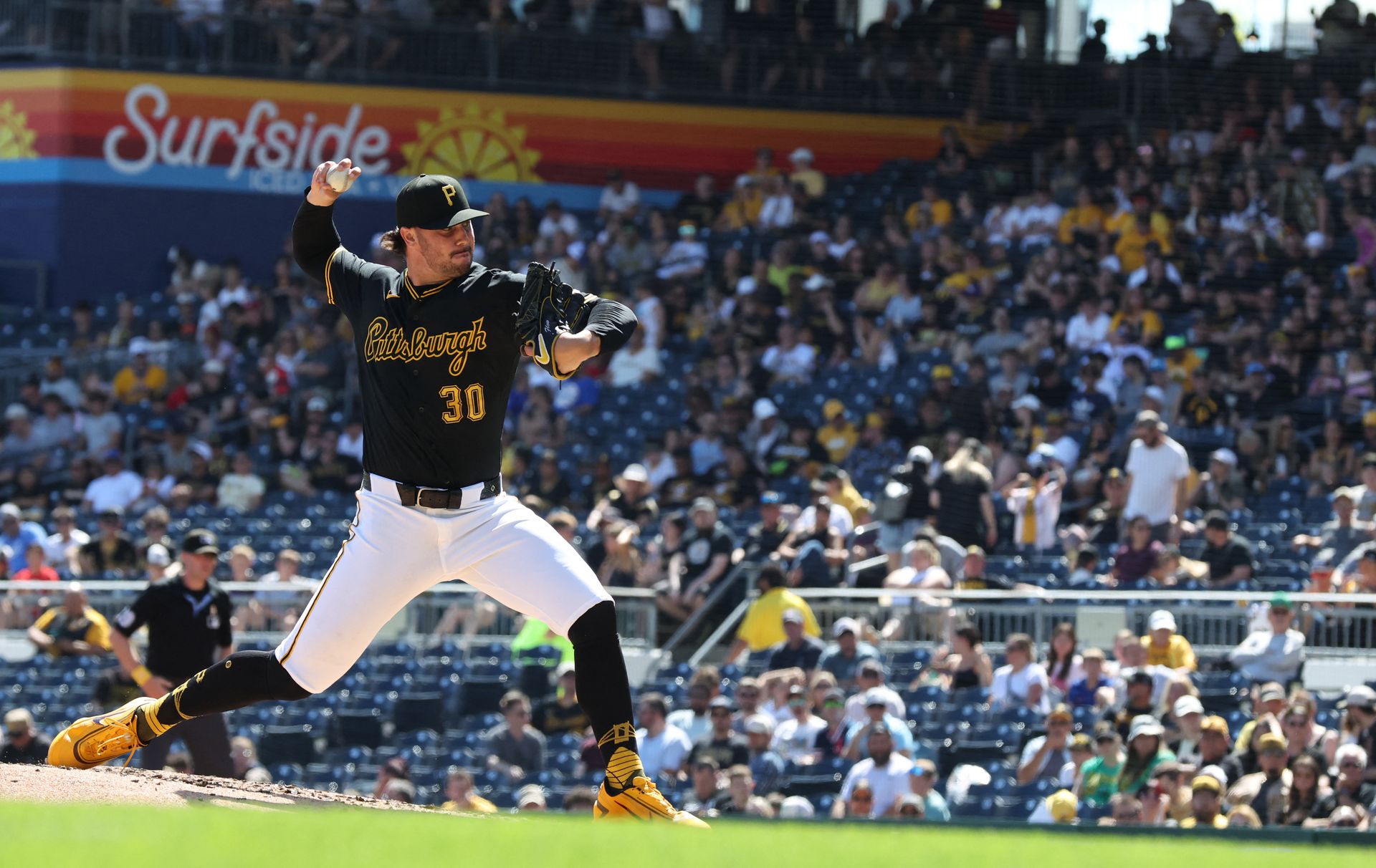 Paul Skenes in action against the Angels during the third inning