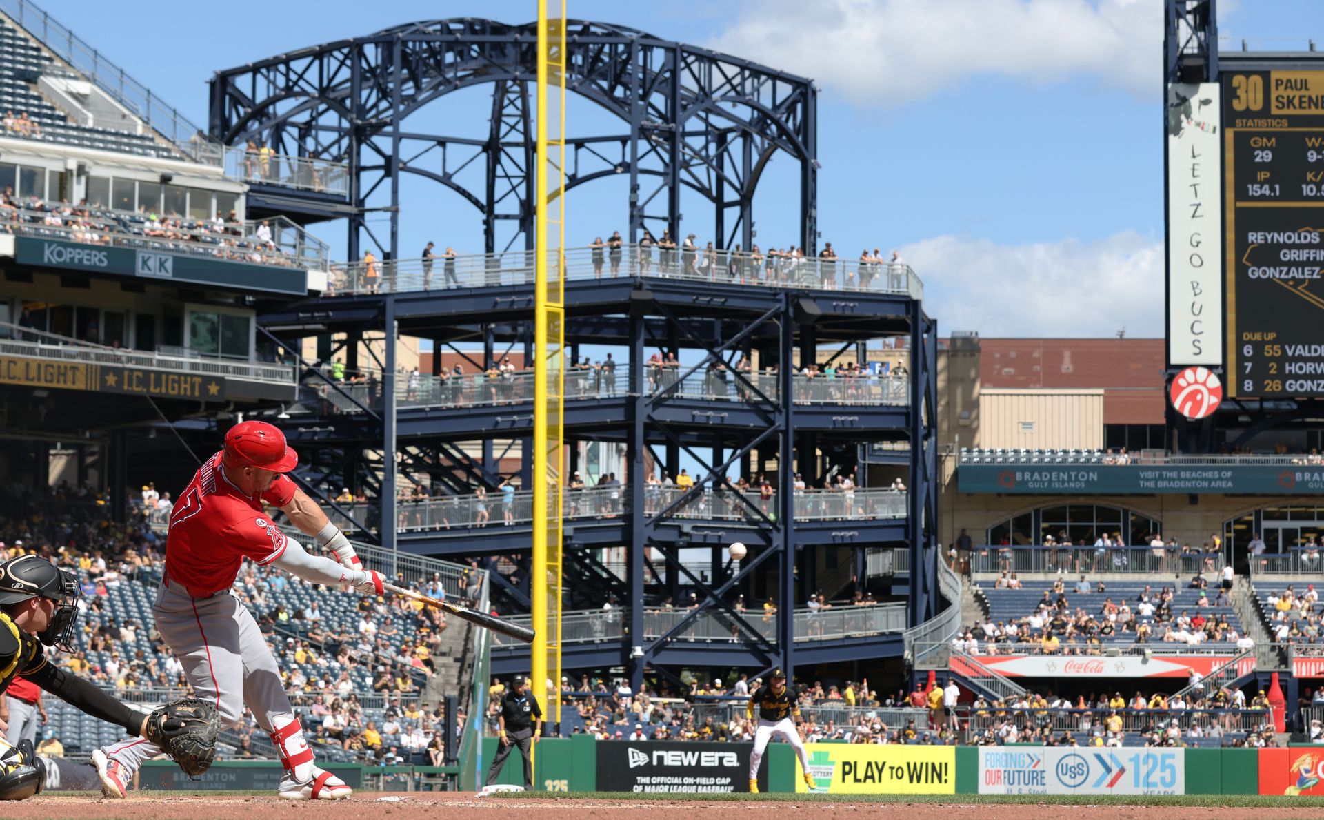 Mike Trout hits a double against the Pirates at PNC Park
