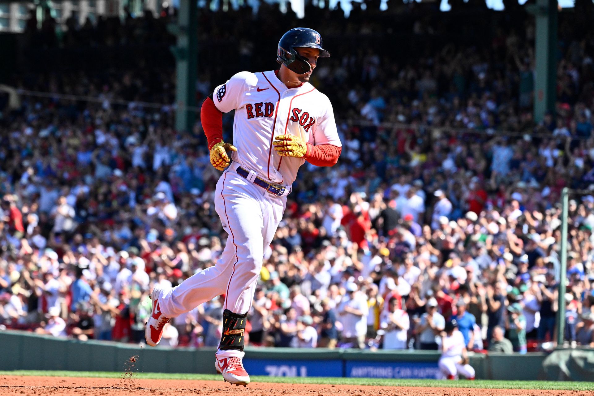 Jarren Duran rounds bases after a homer against the Angels at Fenway Park.